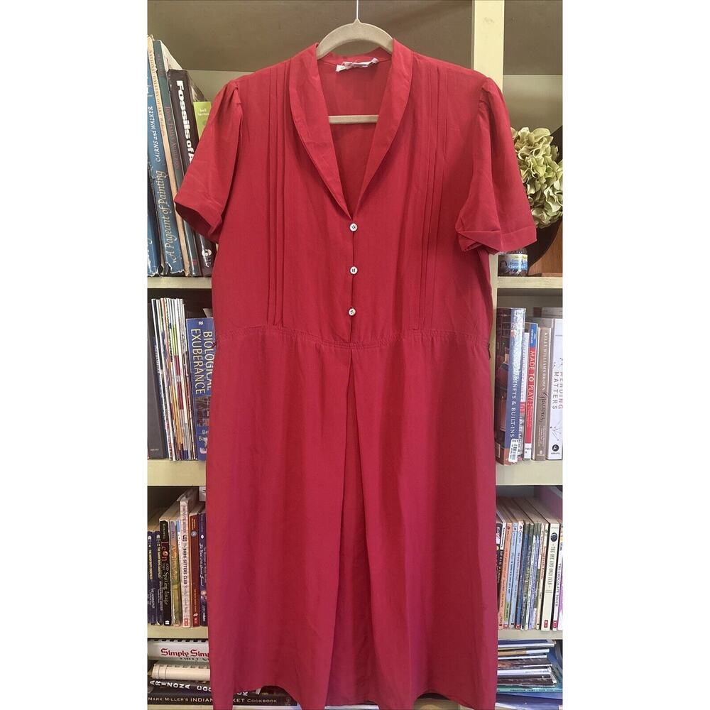 Vintage Barney Rippit Red Silk SS Dress Below Knee Gown M Hong Kong L Midi